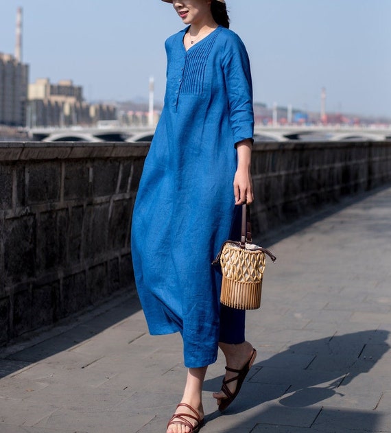 Women's Linen Dress Linen Maxi Dress Pleated Linen Long | Etsy