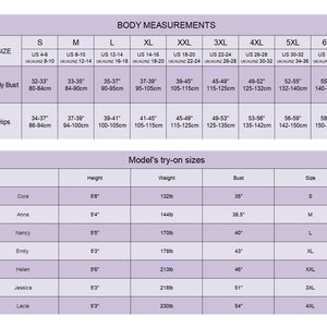 May include: A chart showing body measurements for different sizes, from S to 6XL, in inches and centimeters. The chart also includes a section for model's try-on sizes, showing the height, weight, bust size, and corresponding size for different models.