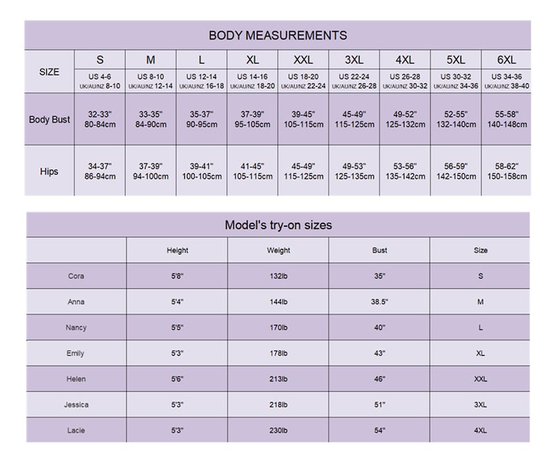 May include: A chart showing body measurements for different sizes, from S to 6XL, in inches and centimeters. The chart also includes a section for model's try-on sizes, showing the height, weight, bust size, and corresponding size for different models.