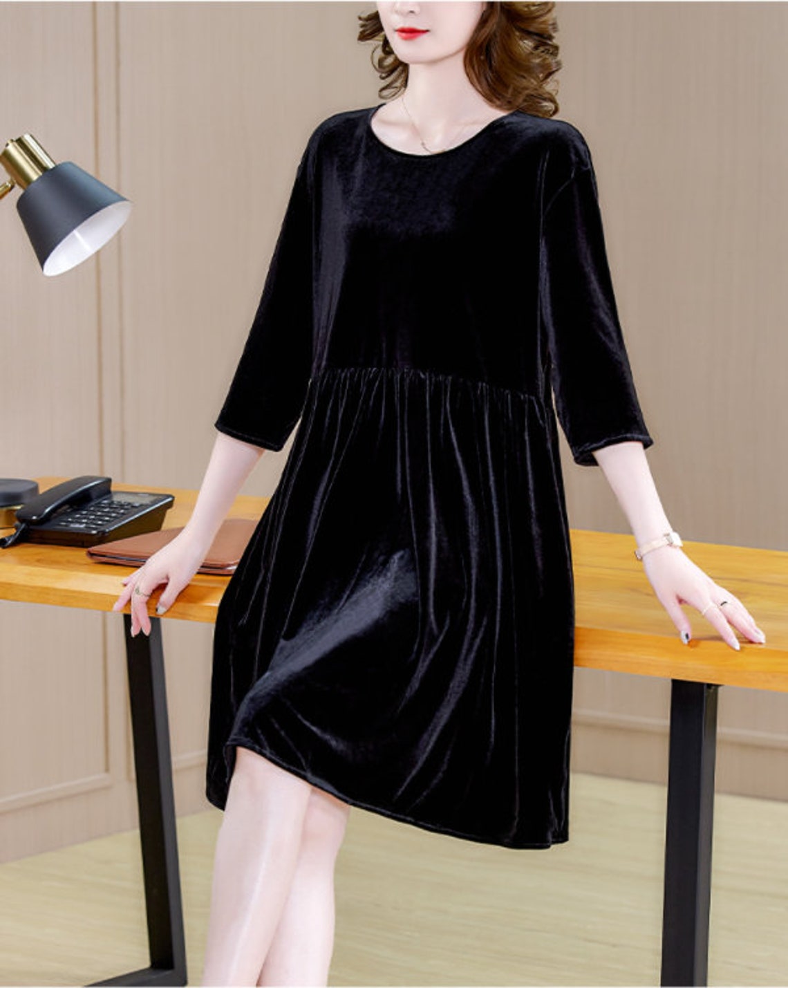 Velvet Dress Half Sleeves Dress Knee Length Velvet Dress Etsy