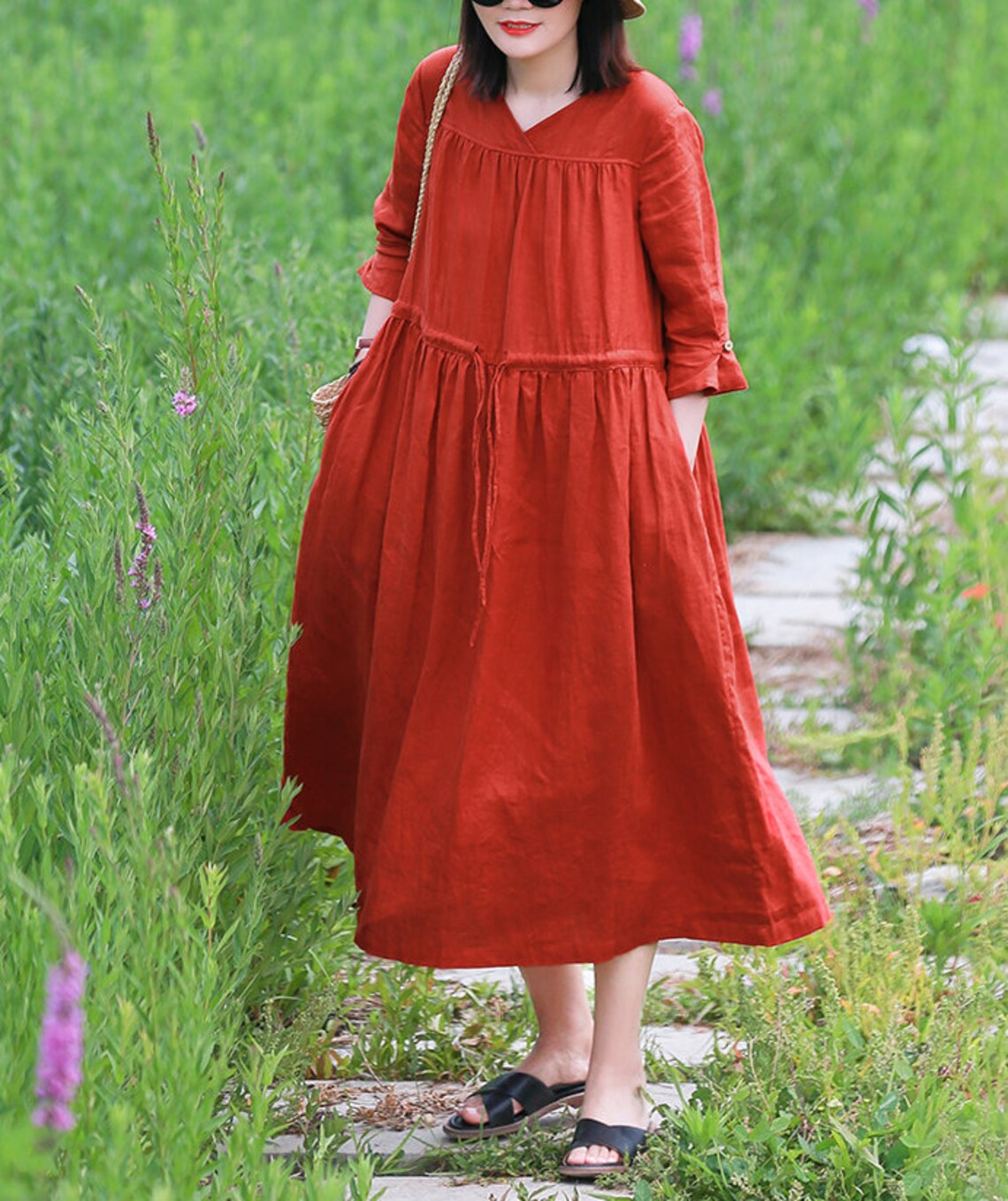 Women's Linen Dress Long Sleeves Linen Maxi Dress Loose Etsy