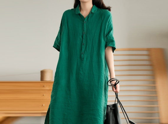 Women's Linen Dress Short Sleeves Dress Linen Midi Shirt - Etsy