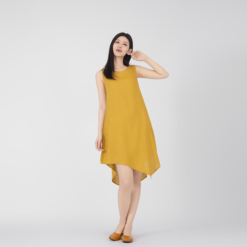 Robe en lin et coton pour femme, robe sans manches en lin, robe ample en lin, robe madi d'été, ourlet irrégulier, robe douce, robe asymétrique A66 image 2