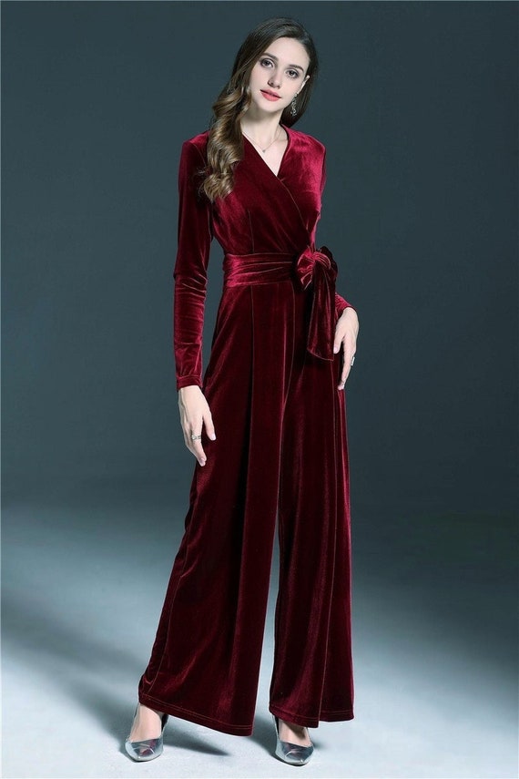 Velvet Jumpsuit for Women V Neck Long Sleeves Velvet Romper Wide