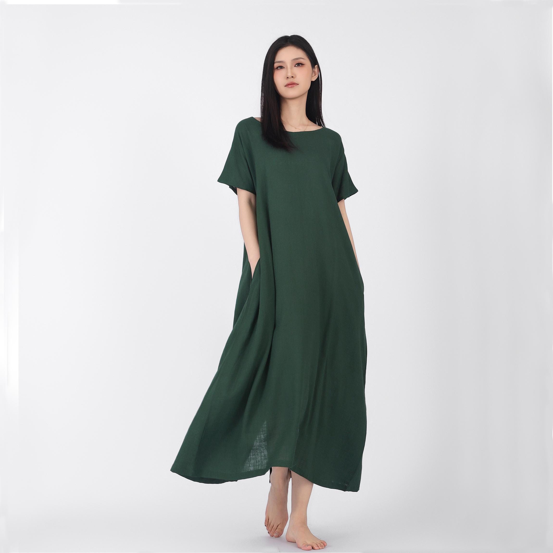 chinese dress ladies Italian Linen Olive Floral Maxi Dress
