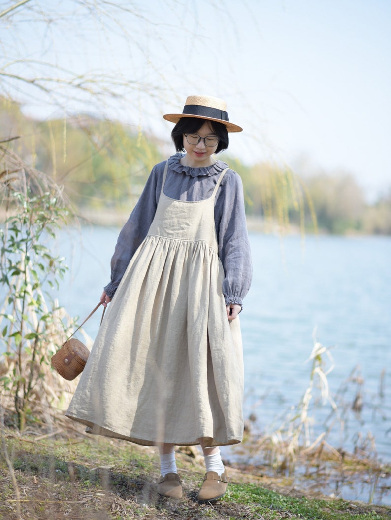 Robe en lin pour femme, robe tablier d'été, robe ample sans manches, vêtements en lin, vêtements grande taille, robe plissée à bretelles personnalisées F476 image 3