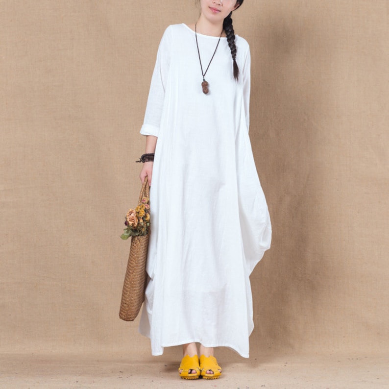Women's Linen Cotton Dress Long Sleeves Dress Linen Loose Etsy