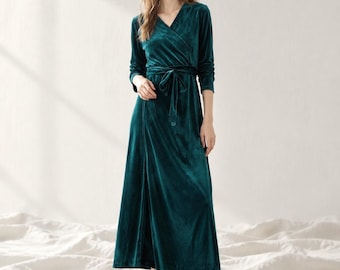 Velvet Wrap Maxi Dress: V-Neck, Long Sleeve, Evening Formal Wear R17