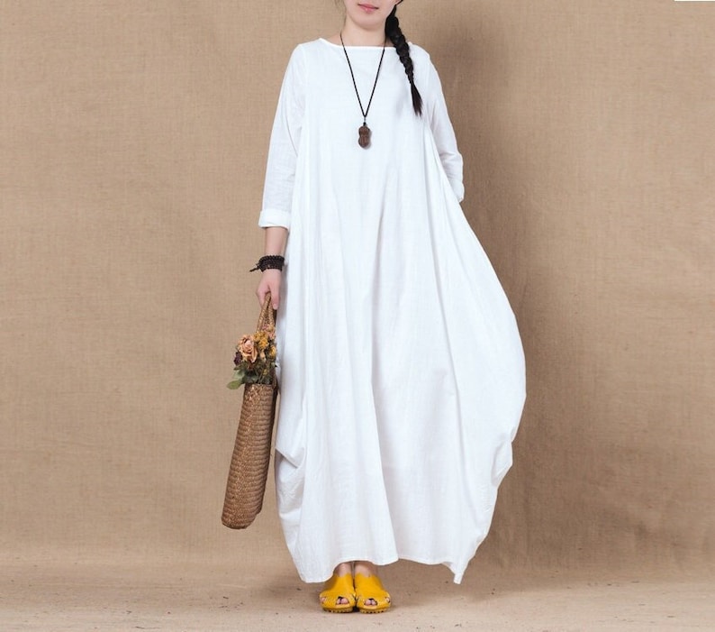 Women's Linen Cotton Dress Long Sleeves Dress Linen Loose Etsy