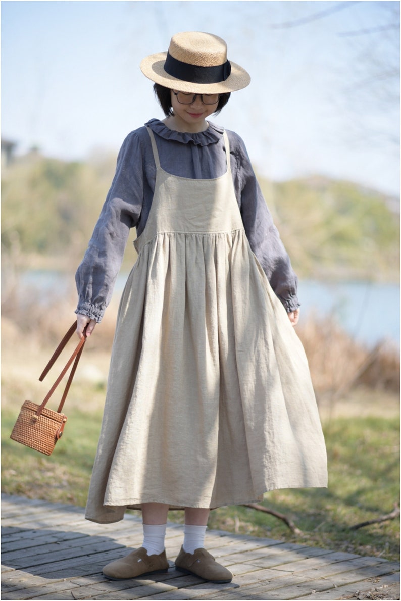 Frauen Leinenkleid, Sommer Schürze Kleid, loses ärmelloses Belegkleid, Leinenkleidung, Kleidung für Übergrößen, maßgefertigtes plissiertes Trägerkleid F476 Bild 2