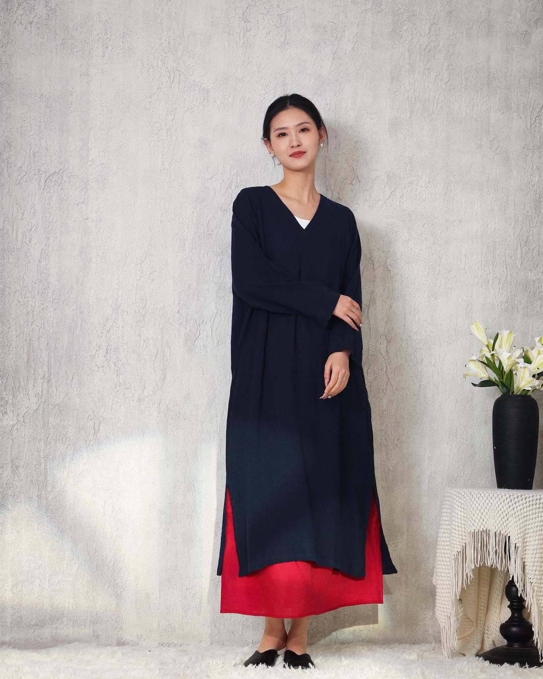Oversized Linen Maxi Dress Casual Loose Robes Long Sleeve V Neck Dress ...