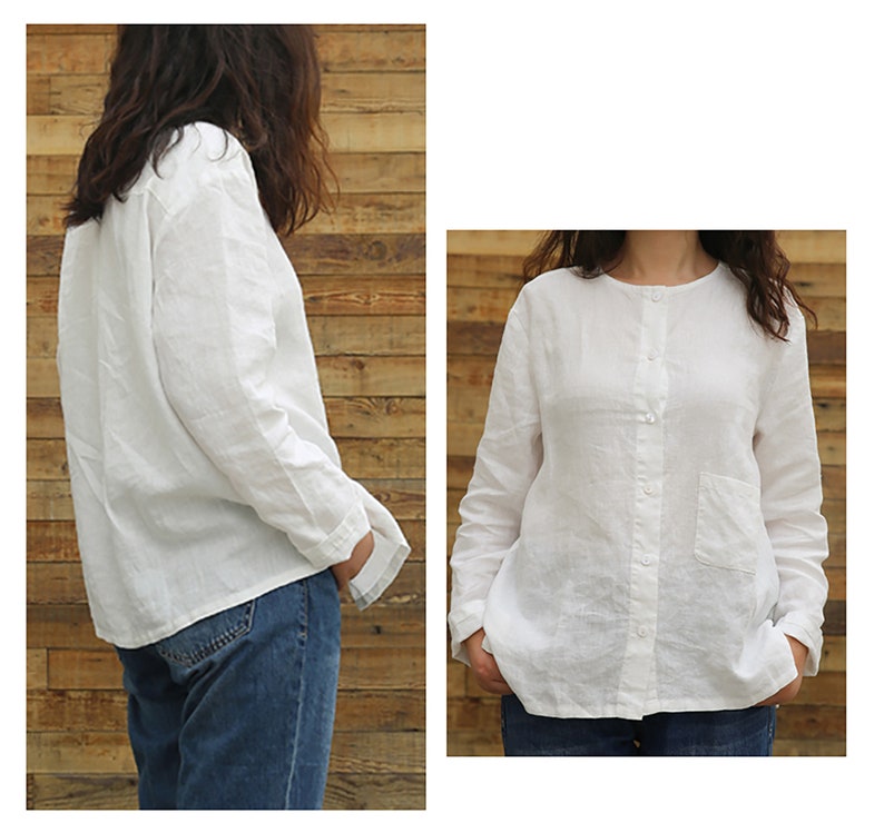 May include: A white linen shirt with long sleeves and a button-up front. The shirt has a small pocket on the left side.