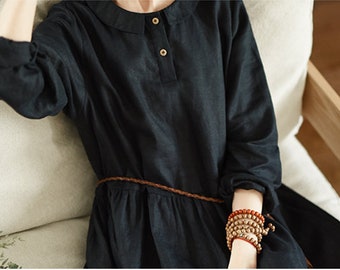 Women's linen dress long sleeves shirt dress midi dress loose casual summer oversized long dress long tunic robe plus size clothing F341