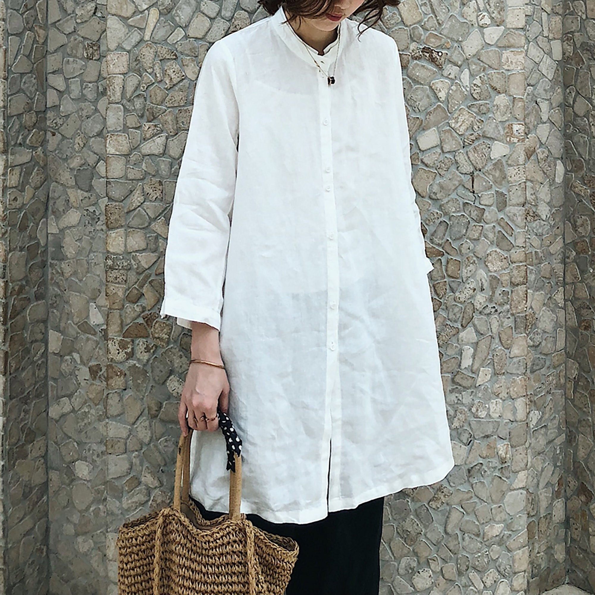 トップス ito_fukuoka volume sleeve linen tops Long Sleeve Linen Tunic Top | Loose Linen Blouse | Oversized