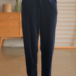 May include: Dark blue velvet pants with an elastic waistband and pockets.