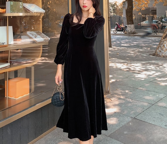 Women Velvet Dresses, Midi Velvet Dress, Puff Sleeve Dress, Bridesmaid Dress,  Spring Fall Winter Dress Plus Size Clothing Fit and Flare R64 