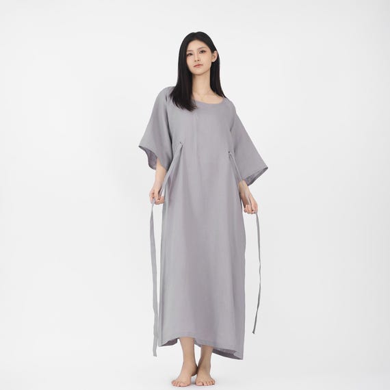 Loose Fit Summer Robe Maxi Dress 100% Linen 2-Way Styling Kaftan with/without Belt Boho Dress Flowy Handmade Flax Tunic With Pockets F77 07
