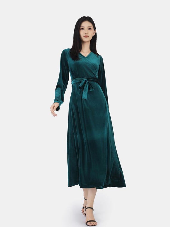 V-neck Long sleeve maxi dress velvet wrap dress velvet party dress wedding gift dress evening dress handmade formal velvet dress R17 8