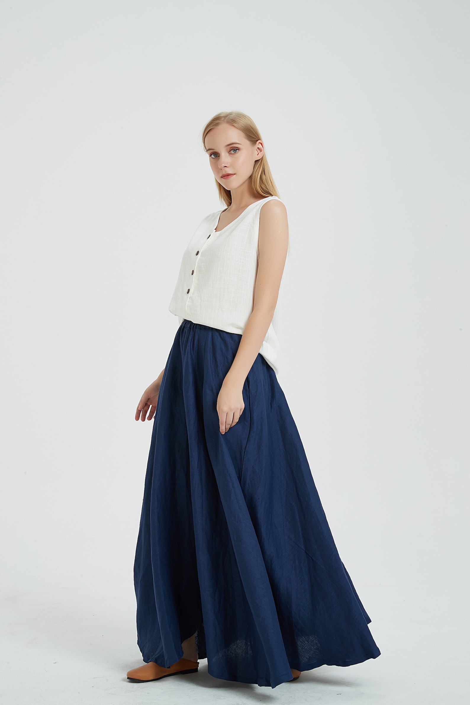 Women Summer Vintage Spliced 100 Linen Skirt