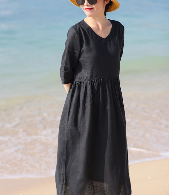 short sleeve black maxi dress casual SRSTRAT Womens Loose Maxi Dress Short Sleeve Crewneck Asymmetric Swing Tiered Beach Long Dresses Casual Summer Boho Dress, Women's, Size: 2XL, Black