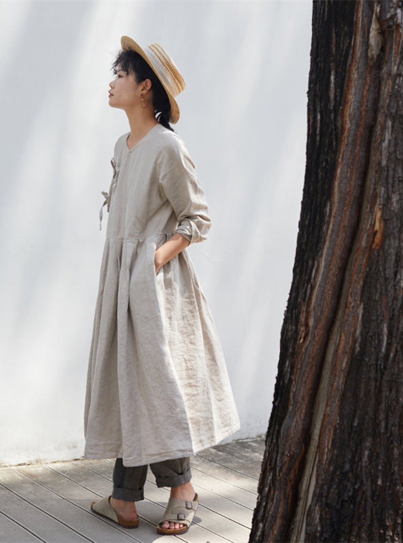 Women's linen dress, long sleeves dress, linen maxi dress, loose casual fall dress, oversized long dress, long robe, plus size dress N144 image 3