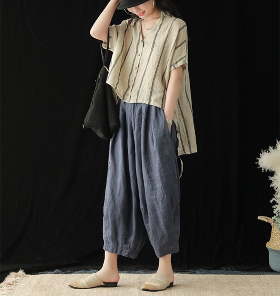 Linen pants for women cropped wide leg pants oversized harem pants soft loose trousers spring summer custom plus size linen clothing N58
