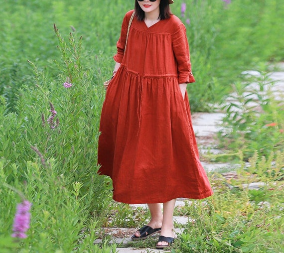 Women's linen dress long sleeves linen maxi dress loose custom oversized dress boho soft casual fall tunic dress belt plus size clothing N47