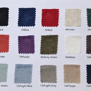 May include: A color chart of 15 fabric swatches, each labeled with a number and color name. The colors include black, blue, red, linen, green, orange, purple, army green, white, gray, light green, light blue, light gray, taupe, and cyan blue.