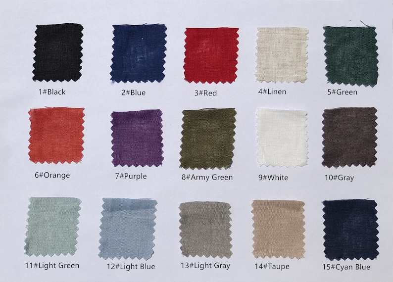 May include: A color chart of 15 fabric swatches, each labeled with a number and color name. The colors include black, blue, red, linen, green, orange, purple, army green, white, gray, light green, light blue, light gray, taupe, and cyan blue.