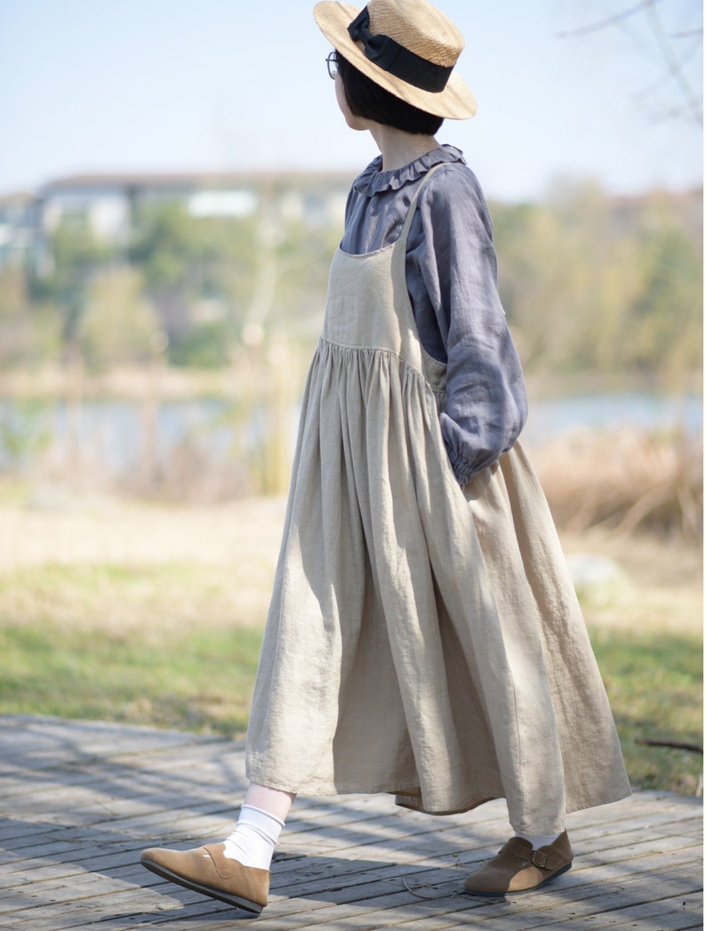 Robe en lin pour femme, robe tablier d'été, robe ample sans manches, vêtements en lin, vêtements grande taille, robe plissée à bretelles personnalisées F476 image 6