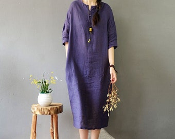 Linen Half Sleeves Dress for Women Linen maxi dress plus size clothing oversized dress boho custom handmade dress soft casual fall dress N49