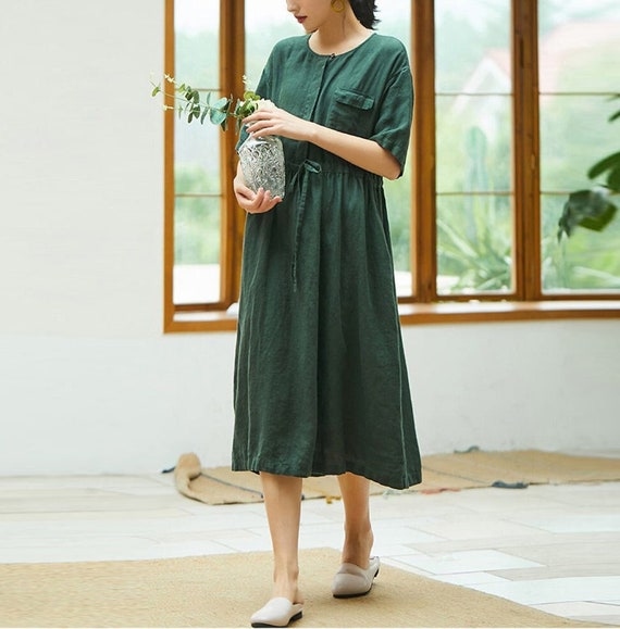 Linen Dresses for Women Short Sleeve Pure Linen Midi Dress Plus