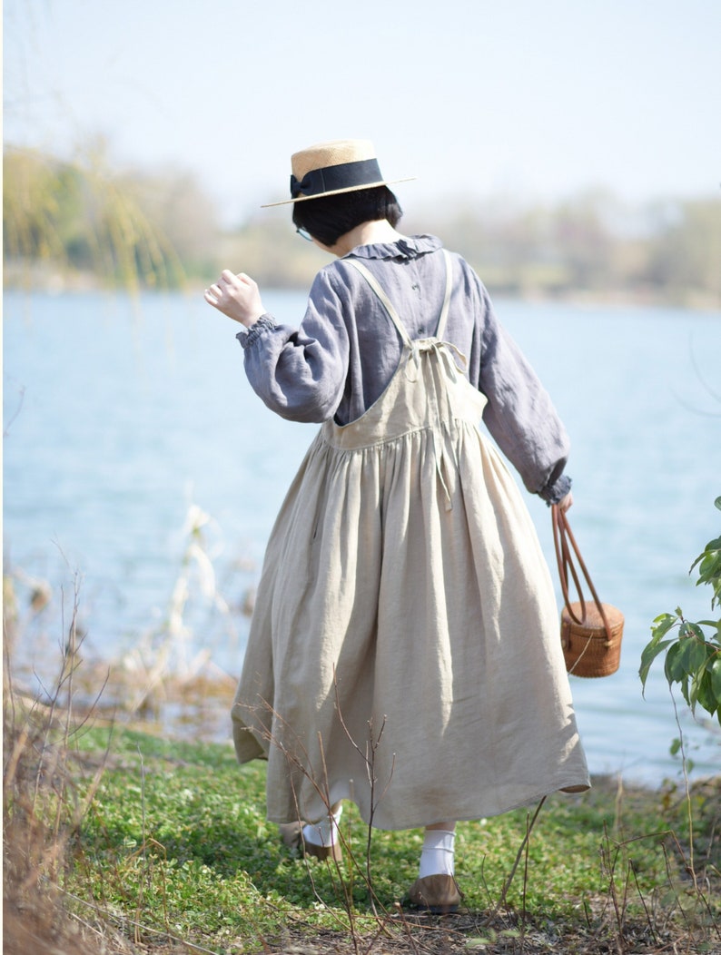 Women linen dress, summer apron dress, loose sleeveless slip dress, linen clothing, plus size clothing, custom strap pleated dress F476 zdjęcie 1