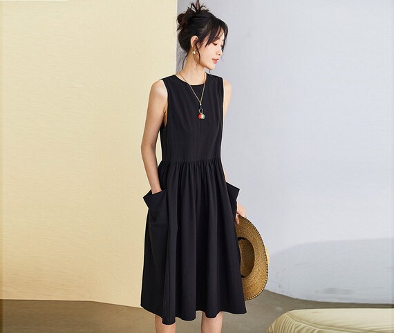 Women's linen cotton dress sleeveless dress linen loose dress linen madi dress oversized clothing plus size dress summer dress N236