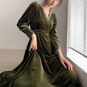 Femme Robe en velours, Robe midi, Robe à manches longues, Robe surdimensionnée, Robe portefeuille longue d'hiver Vêtements grande taille Robe de mariée Robe trapèze R62 image 3