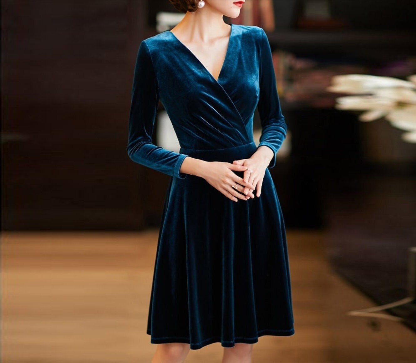 LinenLifeStore Women's V Neck Velvet Dress