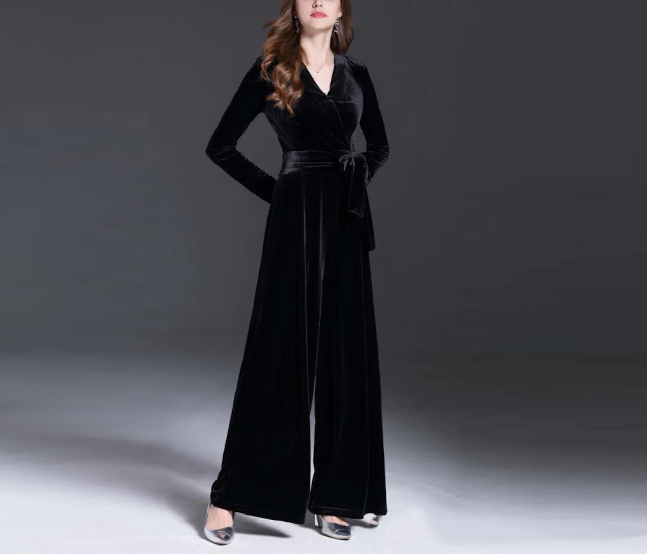 Women Velvet Jumpsuits V Neck Long Sleeves Rompers Wide Leg Etsy