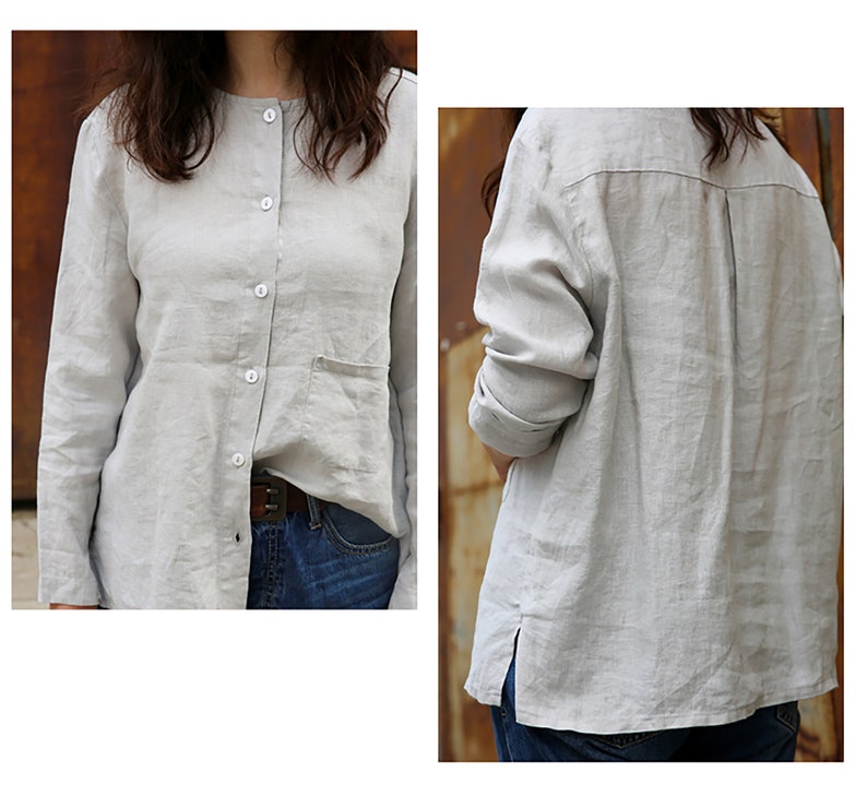 May include: A light grey linen shirt with a button-up front, long sleeves, and a single pocket on the left side. The shirt is slightly oversized and has a relaxed fit.
