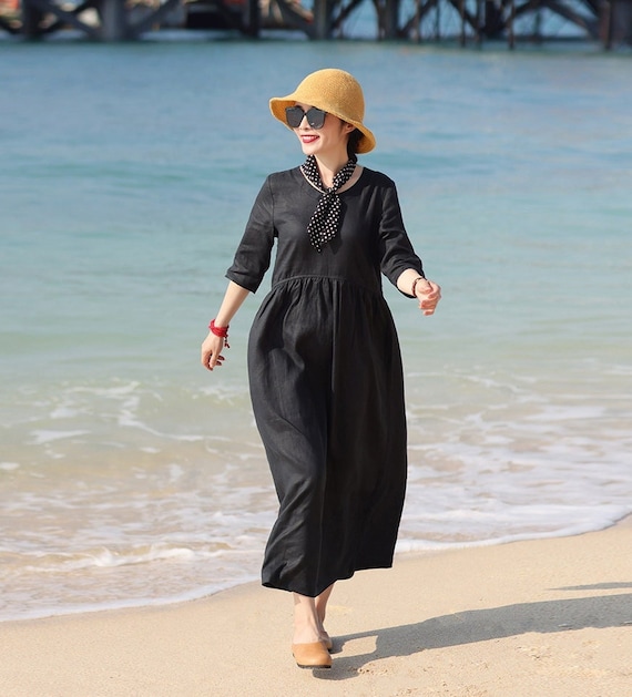 sachin and babi light blue dress Black Linen Dress Short Sleeves Dress Linen Maxi Dress Fall Spring Dress Loose Custom Handmade Dress Soft Casual Dress Plus Size F125