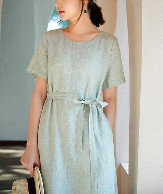 Long linen dress with pockets,summer linen dress,Linen midi dress,Oversized dress,Flax dress,Organic linen dress,Loose dress,Linen robe N63