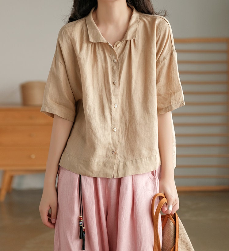 Women linen shirtLinen top short sleeves shirt loose linen | Etsy