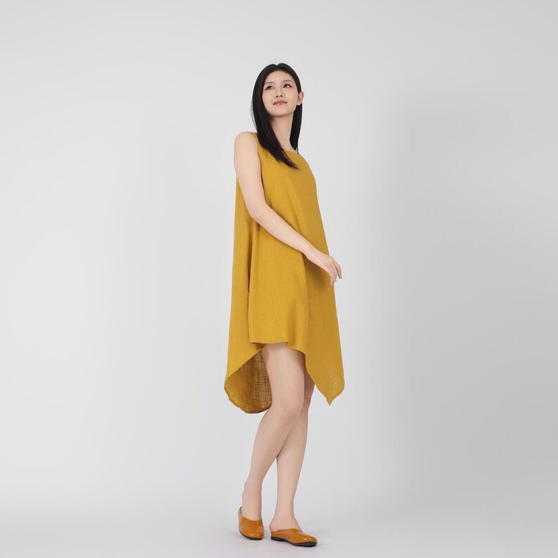 Robe en lin et coton pour femme, robe sans manches en lin, robe ample en lin, robe madi d'été, ourlet irrégulier, robe douce, robe asymétrique A66 image 3