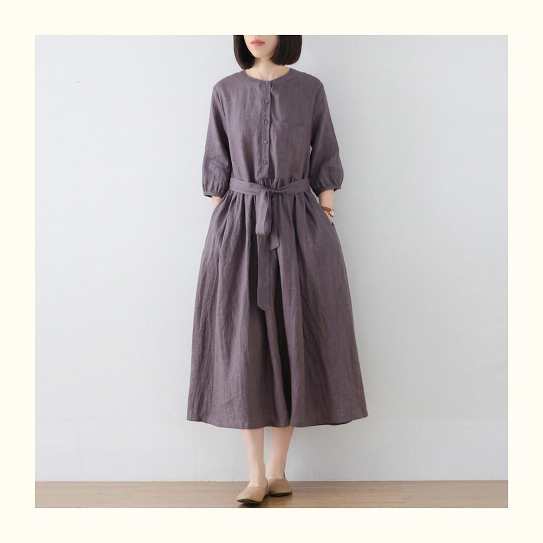 Women's Linen Maxi Dress Linen Clothing Half Sleeves Dress With Belt ...