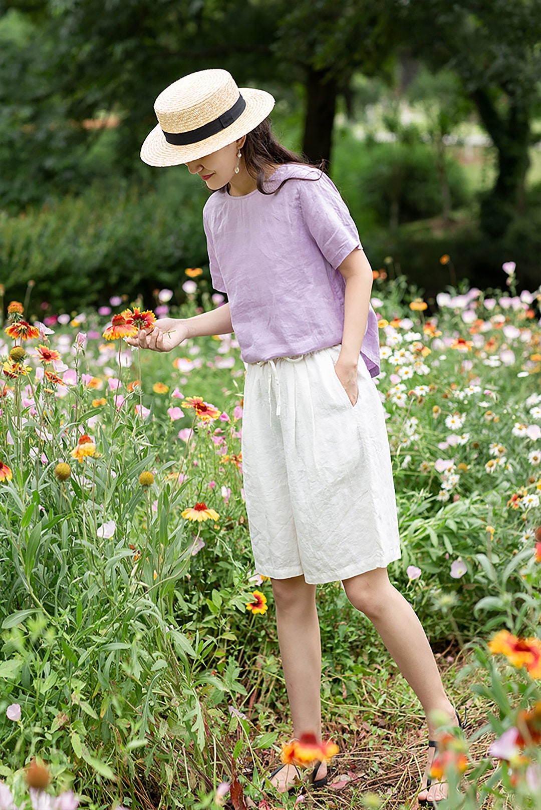 Women Linen Shorts Loose Casual Trousers Relaxed Fit Elastic Waist ...