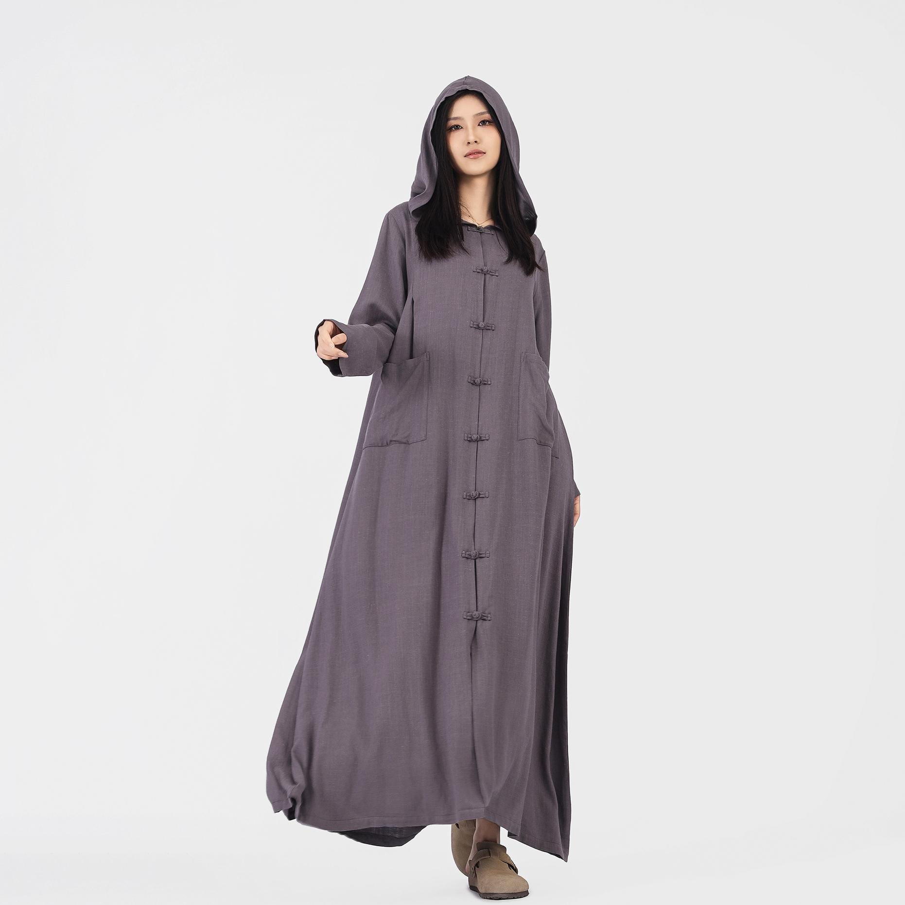 Women Cotton Linen Jacket With Pockets Long Hooded Coat Long Sleeve ...