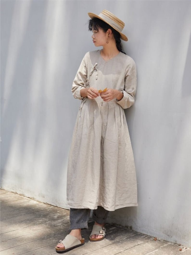 Women's linen dress, long sleeves dress, linen maxi dress, loose casual fall dress, oversized long dress, long robe, plus size dress N144 image 2