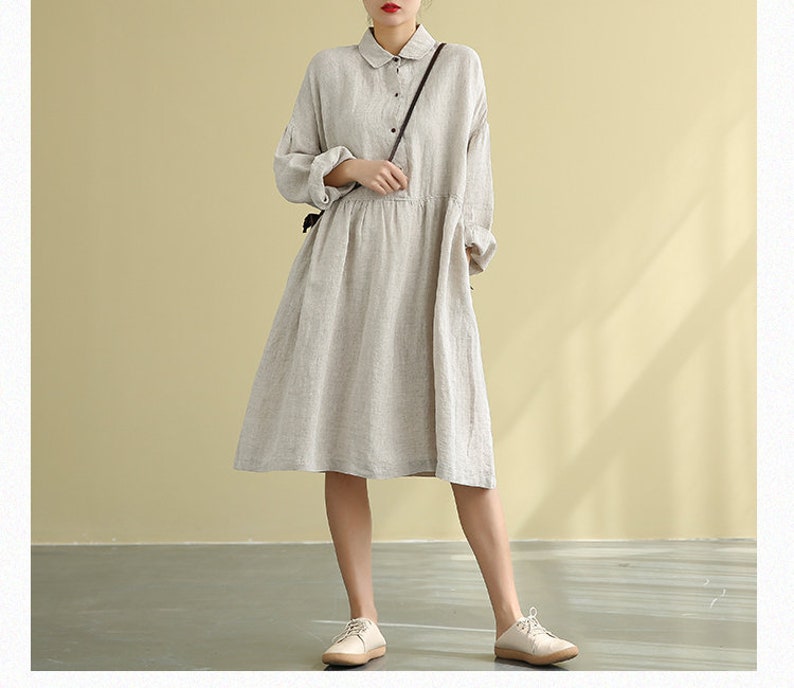 Boho Linen Long Sleeves Dress for Women Linen Midi shirt dress plus size linen dress loose casual handmade dress soft fall dress N34 image 1