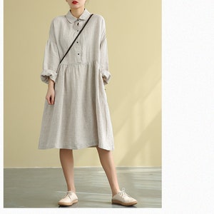 Boho Linen Long Sleeves Dress for Women Linen Midi shirt dress plus size linen dress loose casual handmade dress soft fall dress N34 image 3