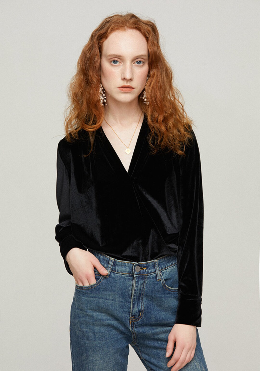 Women Velvet Top Fall Winter Black Blouses V-neck Tunic Top Long ...