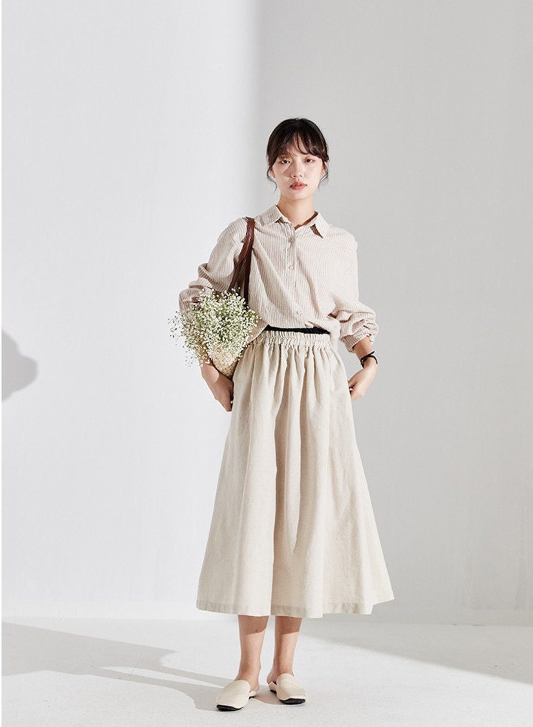 Women Striped A Line Retro Print Skirts Linen main image 1